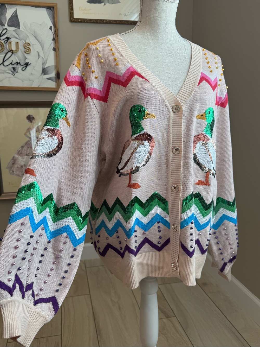 New! QUEEN OF SPARKLES Sequin Beaded Zig Zag Duck V-Neck Cardigan